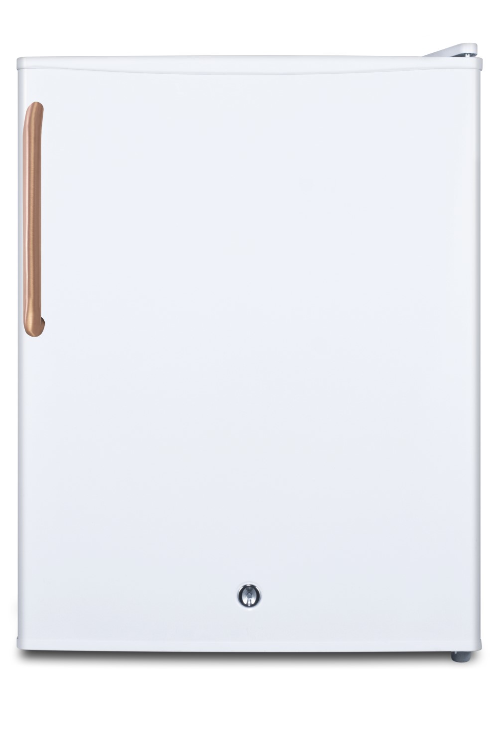 Compact all-refrigerator with automatic defrost, pure copper handle, front-mounted lock, and white finish